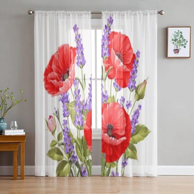 Lavendel en Papaver Bloemen Tule Transparante Gordijnen voor Woonkamer de Kamer Slaapkamer Keuken Decoratie Voile Organza Gordijnen 135W x 114H(cm) red