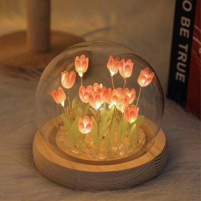 QTTVBTNA -Tulpenlamp - Decoratieve Tafellamp - Warm Witte LED Verlichting - Gefrosted Glas En Massief Hout - Eeuwige Liefde Symbool - 1 Stuk