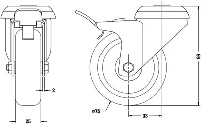 75 mm (3") zwenkwiel met grijze rubberen band, zwenkbaar met rem, draagvermogen 120 kg, set van 2