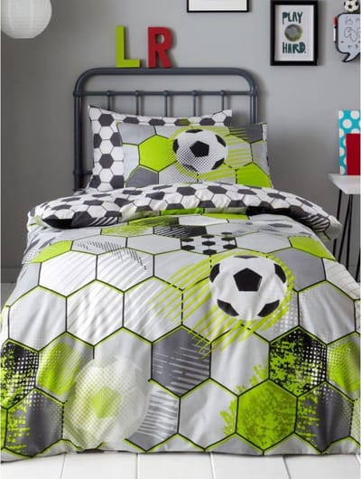 1-persoons jongens dekbedovertrek (dekbed hoes) wit – grijs – zwart en fel neon groen (limegroen) met voetballen (ruitjespatroon / hexagoon football soccer) eenpersoons 140 x 200 cm (stoer voetbal beddengoed / kinderkamer)