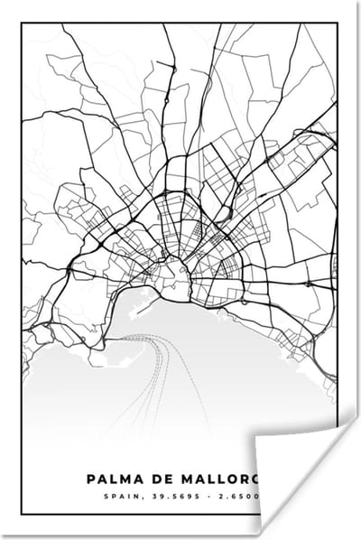 Poster Mallorca - Stadskaart - Kaart - Zwart Wit - Plattegrond - 120x180 cm XXL