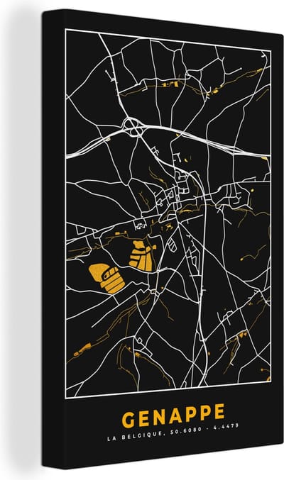 Canvas Schilderij Genappe - Plattegrond - Goud - Kaart - Stadskaart - 20x30 cm - Wanddecoratie