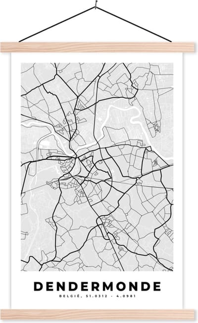 Posterhanger incl. Poster 40x60 cm - Schoolplaat - Stadskaart – Zwart Wit - Kaart – Dendermonde – België – Plattegrond - Textielposter - Blanke latten - Stadskaart