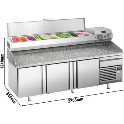 GGM Gastro Pizzakühltisch Premium PLUS - 2305x800mm - mit 3 Türen & 1 Schublade - inkl. Kühlaufsatzvitrine - 11x GN 1/4 Zilver