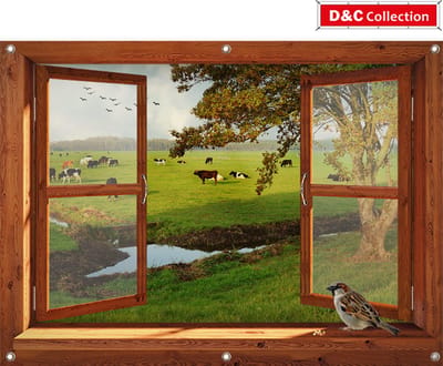 Koeien poster - 130x95 cm - doorkijk - bruin venster - luxe uitvoering - koeien in weiland - tuin decoratie - tuinposters buiten - schuttingposter - tuindoek - schuttingdoek - buiten poster