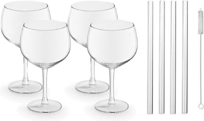 4x Gin Tonic glazen / cocktailglazen transparant 650 ml - Inclusief 4x glazen herbruikbare rietjes