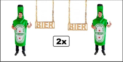 2x Bierfles pak kostuum + bier ketting - bier fles bierfeest thema party carnaval apres ski oktoberfest vrijgezellen feest grappig en fout festivalpak