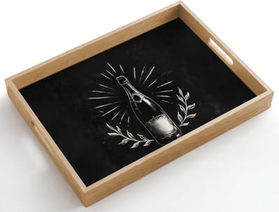 Dienblad hout 50x35 cm - Schootdienblad - Champagnefles - Lauriertakken - Zwarte achtergrond - Borrelplank rechthoek - Plateau dienbladen