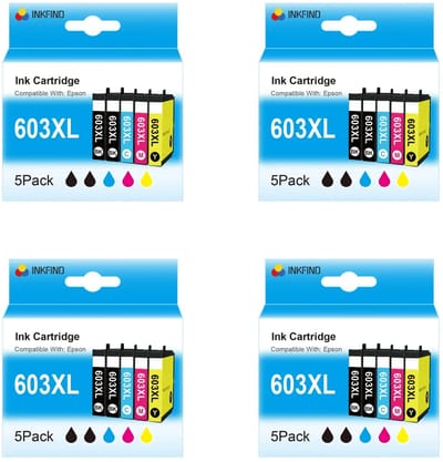 INKFIND 603XL voor Epson 603 Epson603 Epson 603XL Epson603XL inktcartridge multipack van 20 stuks (4 x 5pack= 8 x Zwart, 4 x Cyaan, 4 x Magenta, 4 x Geel) voor Epson Expression Home XP-2105/3100/3105/4100/4105, Workforce WF-2830DWF/2835DWF/2850DWF
