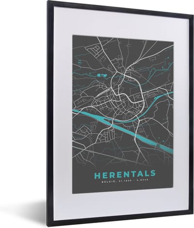 Fotolijst incl. Poster - Stadskaart – Grijs - Kaart – Herentals – België – Plattegrond - 30x40 cm - Posterlijst