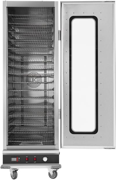 Hotbox Voedselverwarmer, Grote Snackverwarmer met 16 Niveaus En Waterbak. Glazen Deur met Enkele Deur En Verstelbare Planken, Roestvrijstalen Voedselverwarmer