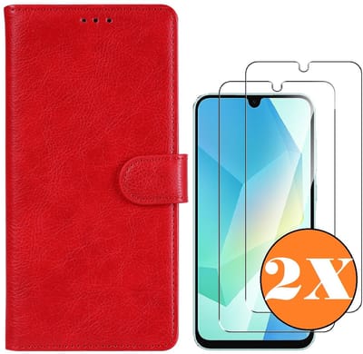 Hoesje geschikt voor Samsung Galaxy A26 5G hoesje Rood pasjeshouder telefoon hoes - Met screenprotector tempered glass voor Galaxy A26 5G - 2x