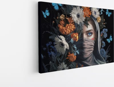 Saammp Canvas Schilderij -Vrouw met bloemen en vlinders - 30x20 - Foto op canvas - Wanddecoratie - Muurdecoratie Woonkamer - Slaapkamer decoratie - Canvas Print