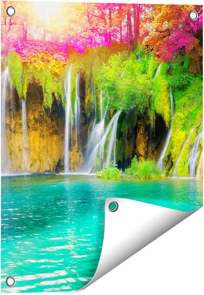 Gards Tuinposter Waterval met Roze en Groene Bloemen - 40x50 cm - Tuindoek - Tuindecoratie - Wanddecoratie buiten - Tuinschilderij