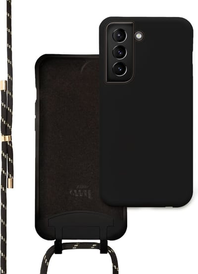xoxo Wildhearts siliconen hoesje geschikt voor Samsung S21 Plus - Pretty Black & Gold - Cord Case - hoesje met telefoonkoord - telefoonhoesje met koord - zwart / goud