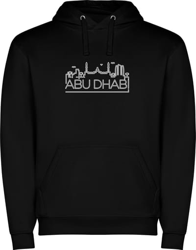 Zwarte unisex hoodie met “ Kleurrijke Sky Line Abu Dhabi – Vakantiegevoel – Strak – Modern “ Print Full Color Color merk Roly maat S