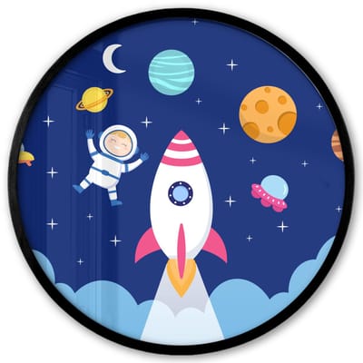 Poster in lijst Rond - Fotolijst 40x40 cm - Posters - Raket - Ruimte - Astronaut - Blauw - Jongens - Ronde posterlijst zwart - Decoratie - Wanddecoratie woonkamer - Muurdecoratie slaapkamer