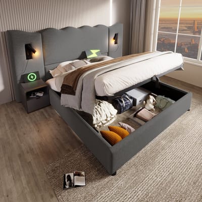 STILVORA Gestoffeerd bed 160x200 cm - Tweepersoonsbed met draaibare leeslamp en USB-C - Hydraulische opbergruimte - Linnen - Grijs - Zonder matras
