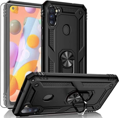 HB Hoesje Geschikt voor Samsung Galaxy M11 Zwart - Anti-Shock Hybrid Armor Back Cover - Hoes met Kickstand Ring & Glazen Screenprotector