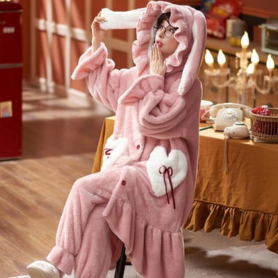 Cartoon Verdikken Kimono Badjas Dames Ochtendjas Pyjama's Badjassen met Capuchon Koraalfleece Nachtkleding Winterjassen voor Huiskleding L brown