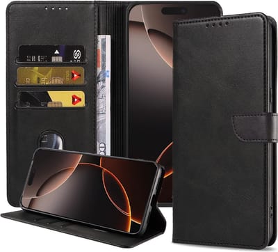 Geschikt voor iPhone 16 Pro Max Telefoonhoesje Kunstleer met Magnetisch lipje en Pasjeshouder Book Case met Klepje - Zwart - Smartphonica geschikt voor iPhone 16 Pro Max