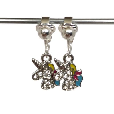 Clip Oorbellen Kinderen - Oorclips - Verzilverd - Unicorn - Eenhoorn - Glitters - Roze - Hangoorbellen - MNQ bijoux