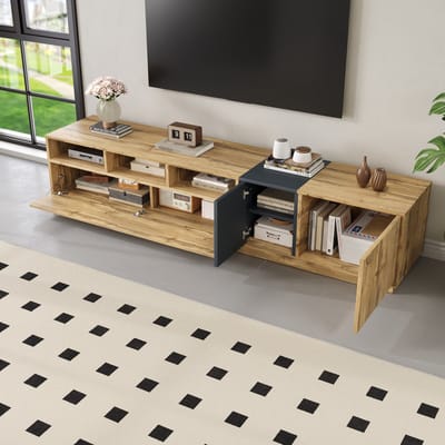 MODENUIT Tv-meubel - Opene Vakken En Deuren Met Kabelopeningen - Voor Woonkamer - Spaanplaat - 200x45x45 Cm