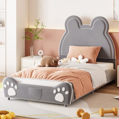 DESMIU Kinderbed 90 x 200 cm Zonder matras – Gestoffeerd Berenbed Met Speels Ontwerp – Ruime Slaap- En Speelruimte – Voor Kinderkamer – Zacht Fluweel – Grijs