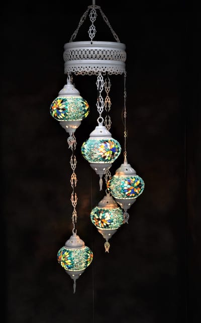 Hanglamp multicolour blauw groen glas mozaïek 5 bollen Turkse Oosterse Crèmewit Marokkaanse kroonluchter