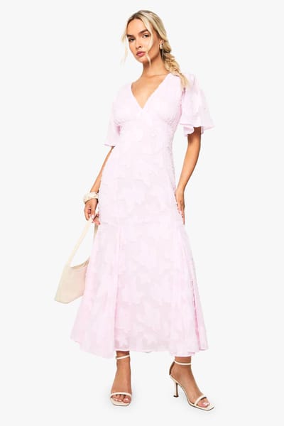 boohoo Dames Burnout Bloemen Engelenmouwen Midaxi Jurk | Roze | Maat: 36