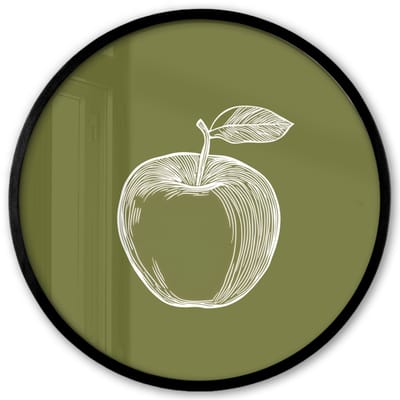 Poster in lijst Rond - Fotolijst 40x40 cm - Posters - Lijntekening - Appel - Olijfgroen - Blaadje - Ronde posterlijst zwart - Decoratie - Wanddecoratie woonkamer - Muurdecoratie slaapkamer