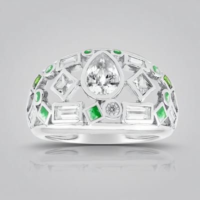 Cavill - Zilveren ring met 2,143 ct Cambodjaanse zirkoon - Platinering - Peervormige briljant - Geometrisch design - Moderne groene accenten