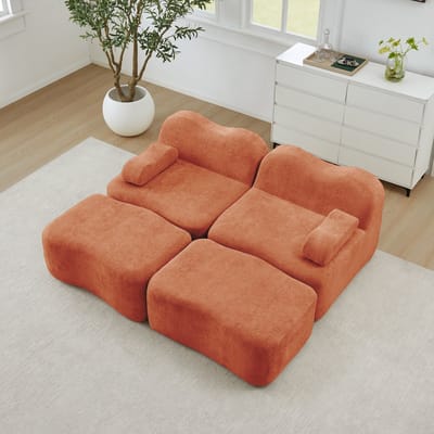 DESMIU Bank 192 x 167 x 70 cm - Modulaire 2-Zits Met 2 Ottomans En Verplaatsbaar Armleunkussen - Voor Woonkamer En Appartement - Velvet Oranje