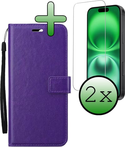Hoesje Met 2x Screenprotector - Geschikt voor Apple iPhone 16 - Luxe Pasjeshouder - Bookcase Portemonee - Flip Case - Kunstleer Book Case - Flipcase Hoes - Book Cover - Walletcase - Portemonneehoes - Paars