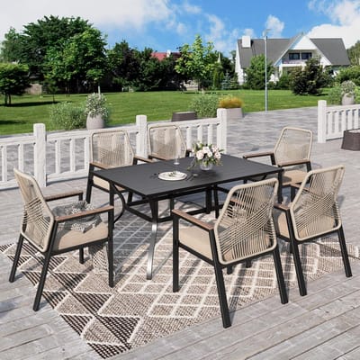 Tuinmeubelset 7-delig met Ronde Tafel en 4 Rotan Stoelen met Kussens Balkon Tuinset Weerbestendig – Beige Modern Design – Urbanhome