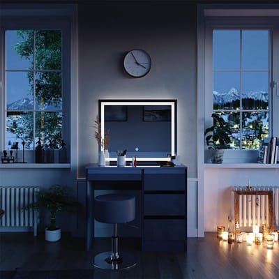 Stijlvolle Kaptafel Set met LED Spiegel en Kruk 90 cm Antraciet Hoogglans