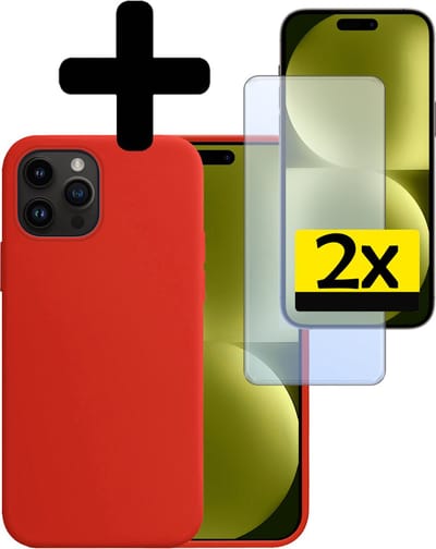 Hoesje - Met 2x Screenprotector - Geschikt voor Apple iPhone 15 Pro - Sterk & Shockproof - Back Cover - Siliconen Case - Telefoon Hoes - Telefoonhoesjes - Rood