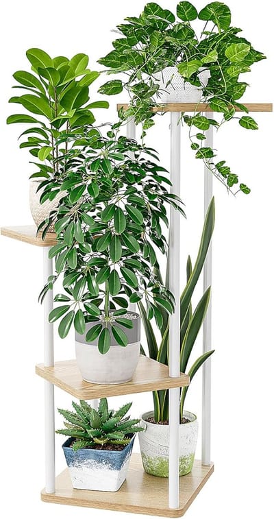 Famanu - 4 niveaus voor meerdere planten, kleine gelaagde ronde bloemenstandaard voor terras, tuin, balkon, woonkamer, slaapkamer