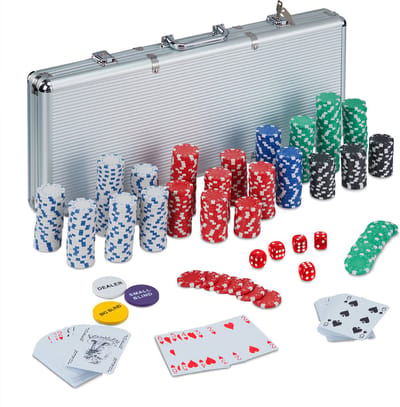 poker set - 500 chips zonder waarde - 2 kaartspelen - 5 dobbelstenen - button set