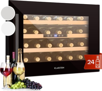 Klarstein Inbouw Wijnkoelkast 1 Zone – Smalle Wijnklimaatkast 57L met Glazen Deur – Compacte Drankenkoelkast voor Binnen/Buiten – Temperatuur 5-22°C – Capaciteit 24 Flessen - 54 cm - voor Bar - Touch - Hout LED - Wijnkast - Wine Cooler