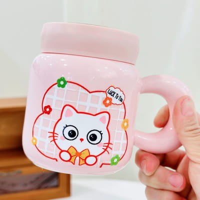 Cartoon Kat met Deksel Spiegel Keramische Kop Leuke Cartoon Mok Hooguitziende Huis Waterbeker voor Kantoor Meisjes 480ML