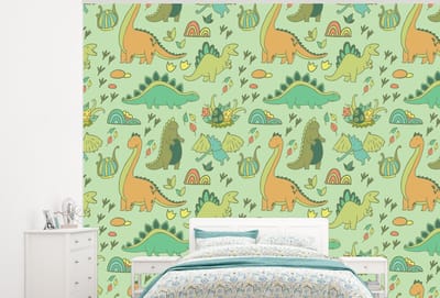Behang - Fotobehang Patronen - Dino - Groen - Jongetje - Kind - Kinderen - Kids - Breedte 300 cm x hoogte 240 cm
