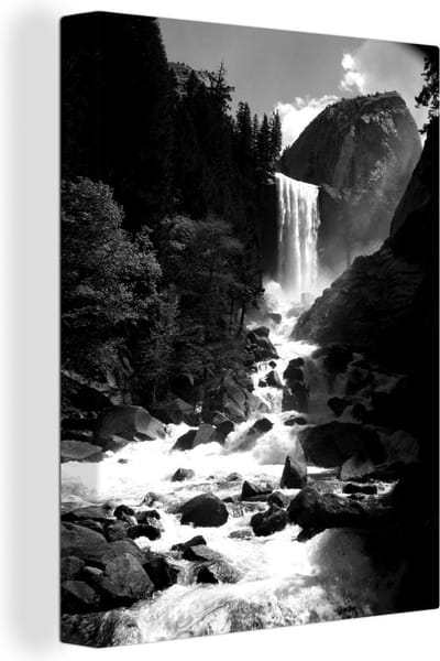 Canvas Schilderij Een waterval bij het Amerikaanse Nationale park Yosemite - zwart wit - 30x40 cm - Wanddecoratie