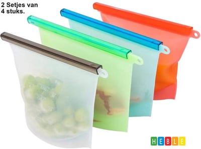 *** 8 Stuks Siliconen Vershoudzakken - Herbruikbaar - Bewaarzakken - Lekvrij - Foodsavers - Fresh Bags - van Heble® ***