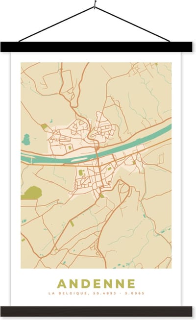 Posterhanger incl. Poster 40x60 cm - Schoolplaat - België - Kaart - Andenne - Stadskaart - Plattegrond - Textielposter - Zwarte latten - Stadskaart