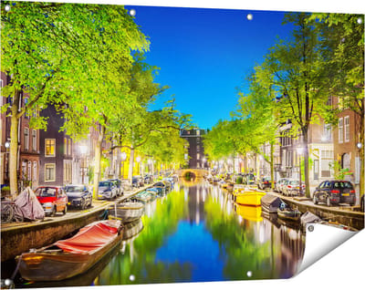 Gards Tuinposter Amsterdamse Gracht in de Nacht - 120x80 cm - Tuindoek - Tuindecoratie - Wanddecoratie buiten - Tuinschilderij