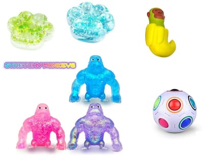 Happy Trendz® | Fidget & Squishy Pakket 4 Stuks | Monkey Squishy 8 cm Glitter | Fidget Cube Ball (Magic/Rainbow) | Taba Squishy Glitter | Mystery Antistress Squishy (Brainrot Model) | Kleuren Variëren