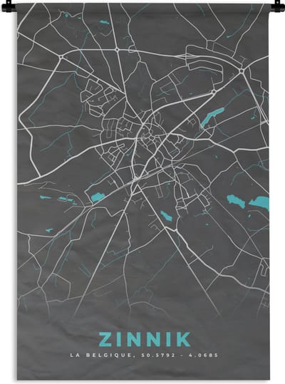 Wandkleed - Wanddoek - België – Zinnik – Stadskaart – Kaart – Blauw – Plattegrond - 120x180 cm - Wandtapijt