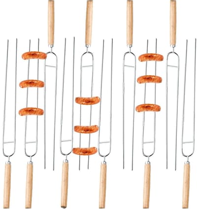 longziming -Roestvrijstalen Grillspies - Vleesspies - BBQ Spies - Hittebestendig Design - Dubbele Vorkpuntconstructie - Roestvrij Staal En Hout - Veilige Afgeronde Randen - Comfortabele Niet-heet Grip - 10 Stuks
