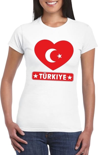 Turkije t-shirt - met hartjes vlag print - wit - voor dames - korte mouwen - landen supporters M